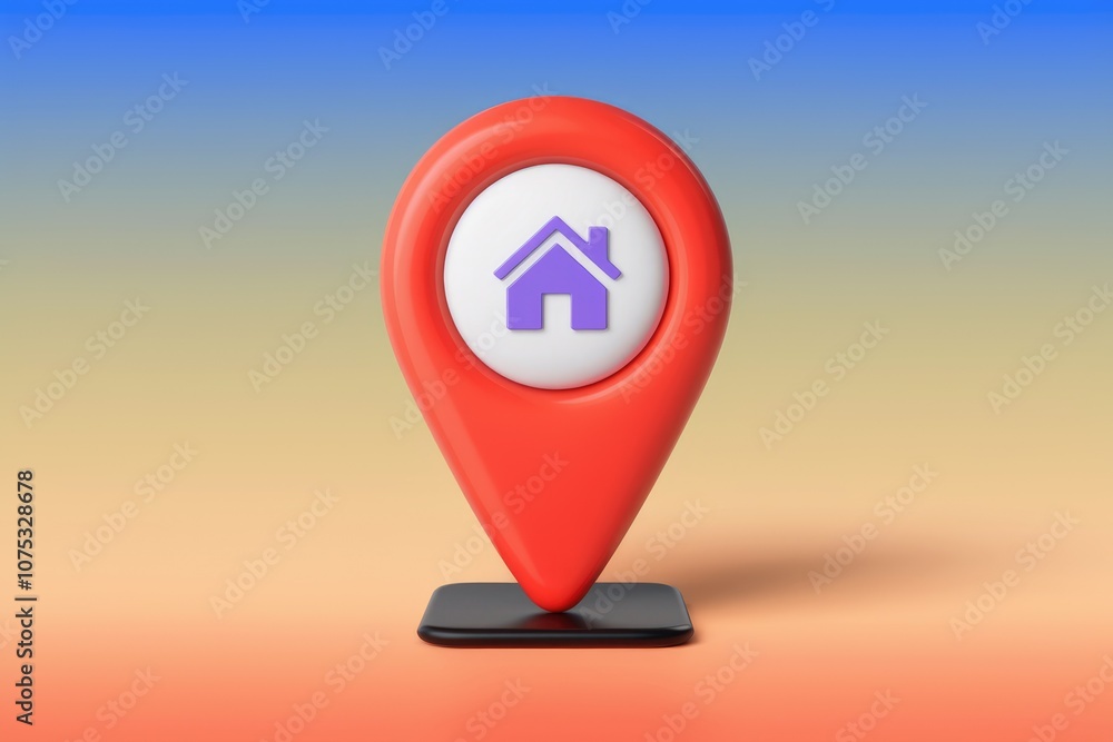 Poster red 3d pin with a purple house icon on a gradient background