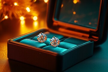 Classic pair of diamond stud earrings, shown in a luxurious case with soft, warm lighting