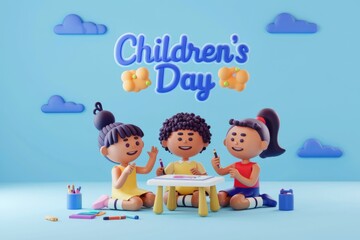 Three children drawing together for Childrens Day