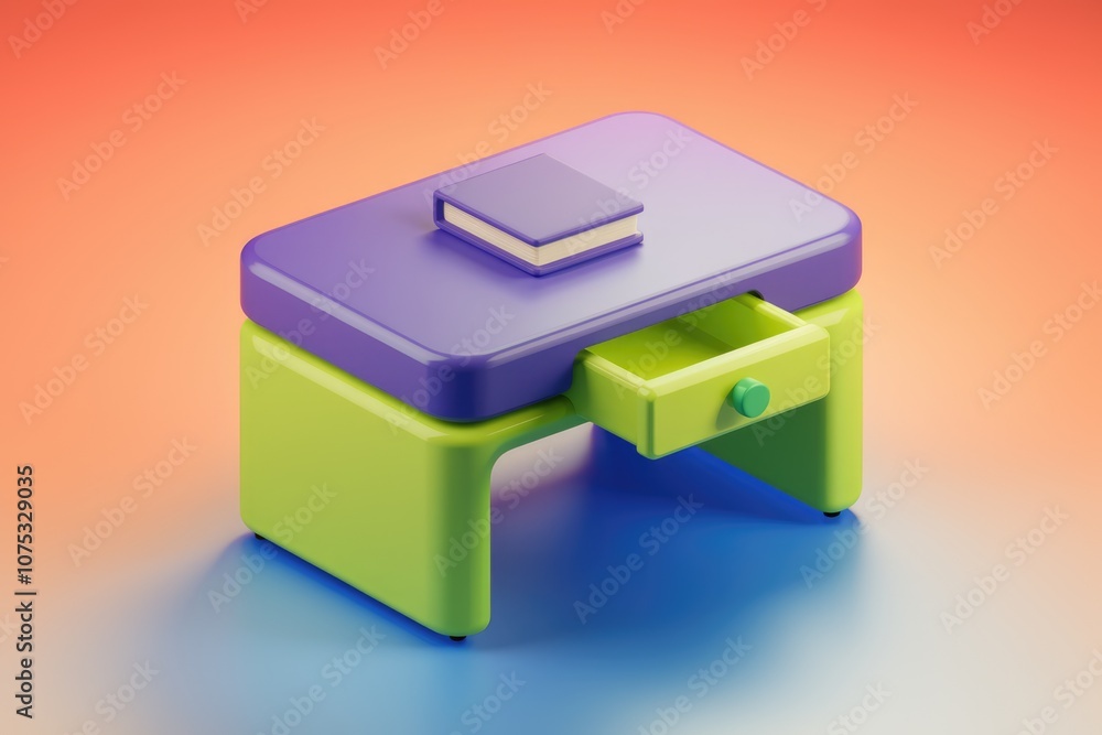 Aufkleber A 3D rendering of a small desk with a drawer and a book on top.