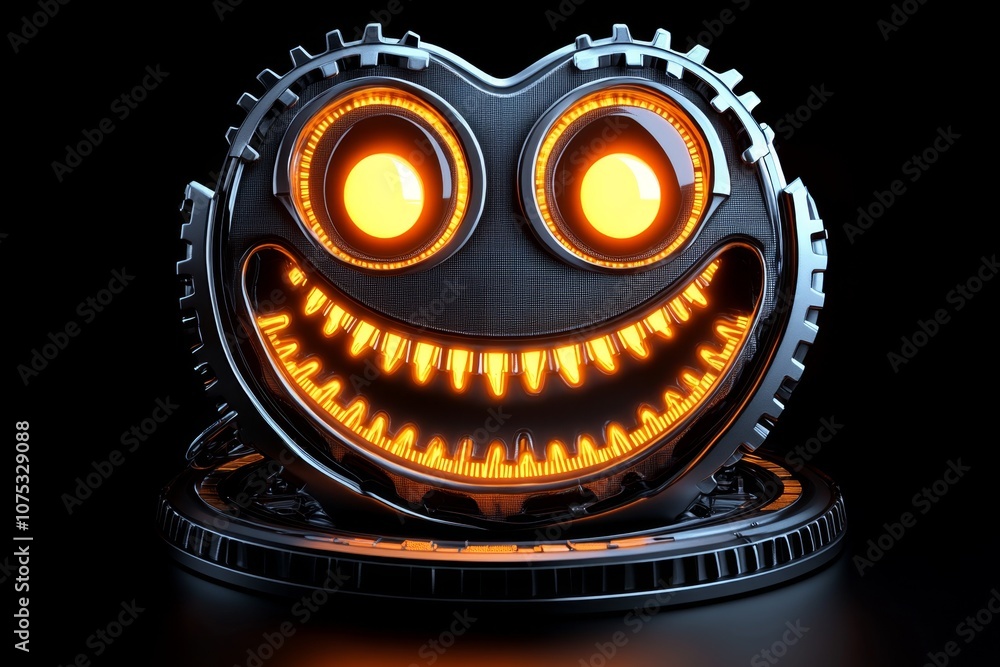 Poster cyberpunk-inspired happy face with neon colors and led lights, glowing in a dark futuristic backgrou