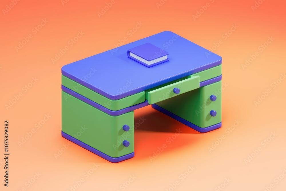 Aufkleber A 3D rendered image of a green and blue desk with a book on top and a drawer open.