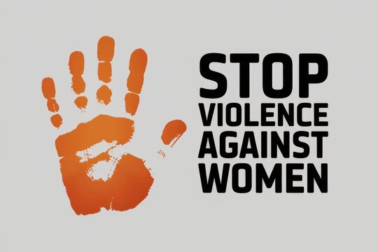 Orange handprint with Stop Violence Against Women text