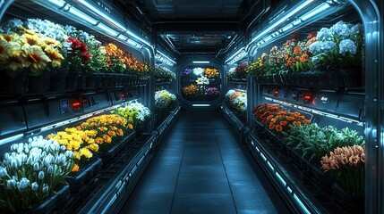A vibrant floral display in a modern greenhouse showcasing an array of colorful flowers under bright, futuristic lighting.