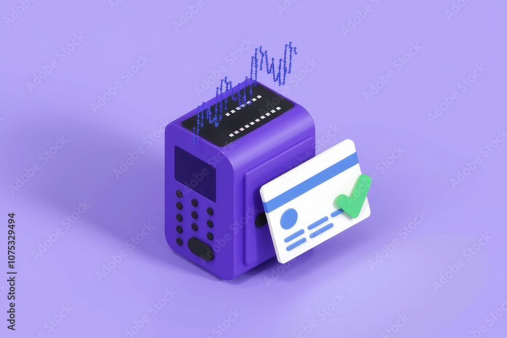 Poster a purple safe with a credit card and a green checkmark representing secure payment.