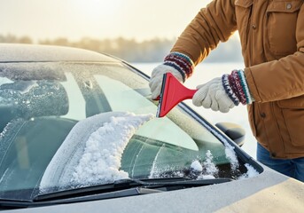 Person using scraper to remove snow and ice from car windshield on a cold winter day