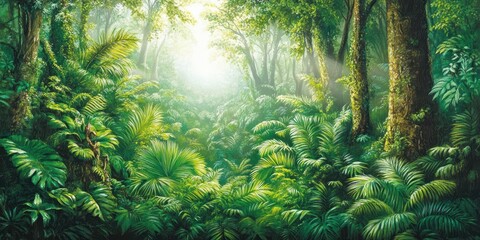 Obraz premium Lush Green Jungle Landscape with Dense Vegetation