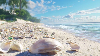 Obraz premium Beauty and Pollution: Contrasting Coastlines 3D Render with Seashells and Litter on Beach