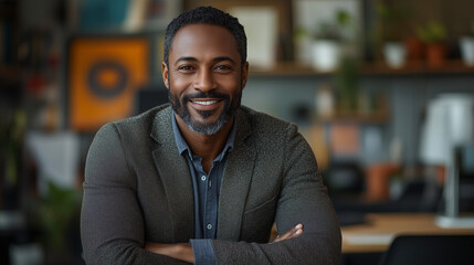 Fototapeta premium The boss smiles, standing in office, Head shot portrait, investor