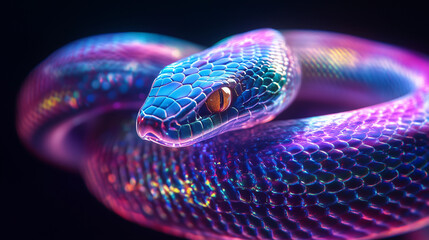 Iridescent snake coiled with vibrant neon colors of blue, purple, and pink scales, displaying intricate details and intense gaze