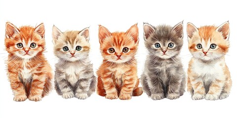 Five cute kittens sitting in a row, looking at the camera.
