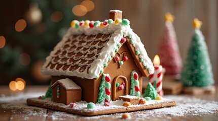Christmas Gingerbread House Surrounded by Festive Decorations.