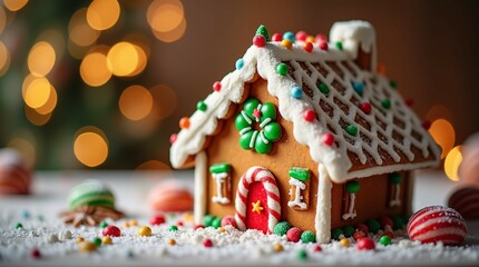 Festively Decorated Gingerbread House with Christmas Ornaments.