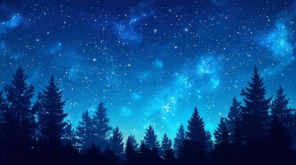 Naklejka premium A silhouette of a forest against a blue sky, transitioning into night with stars and the galaxy coming into view.