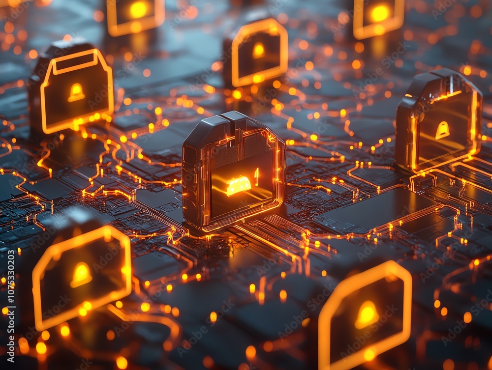 Aufkleber a glowing gold bar sits inside a digital lock on a glowing circuit board.