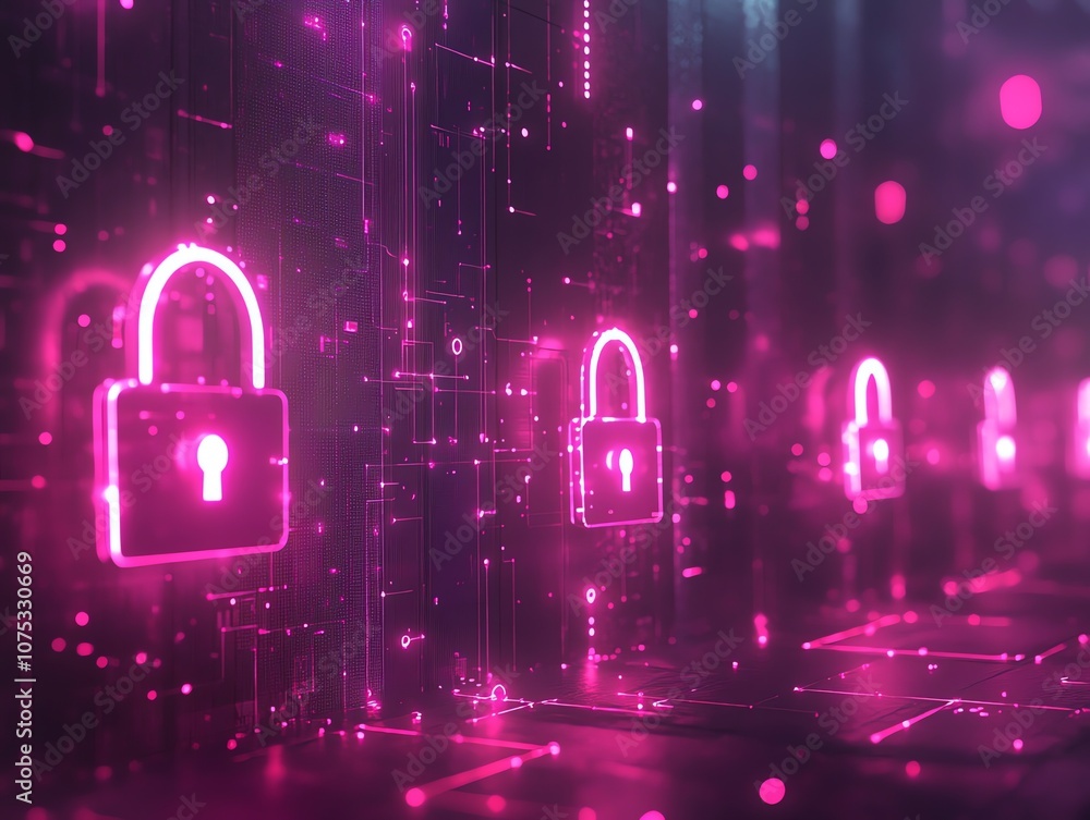 Poster abstract digital background with glowing pink padlock icons in futuristic server room.