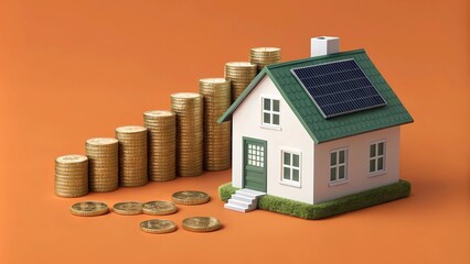 Digital Artwork Featuring a Solar-Powered House Atop Coins Represents Financial Benefits for Renewable Energy Investments