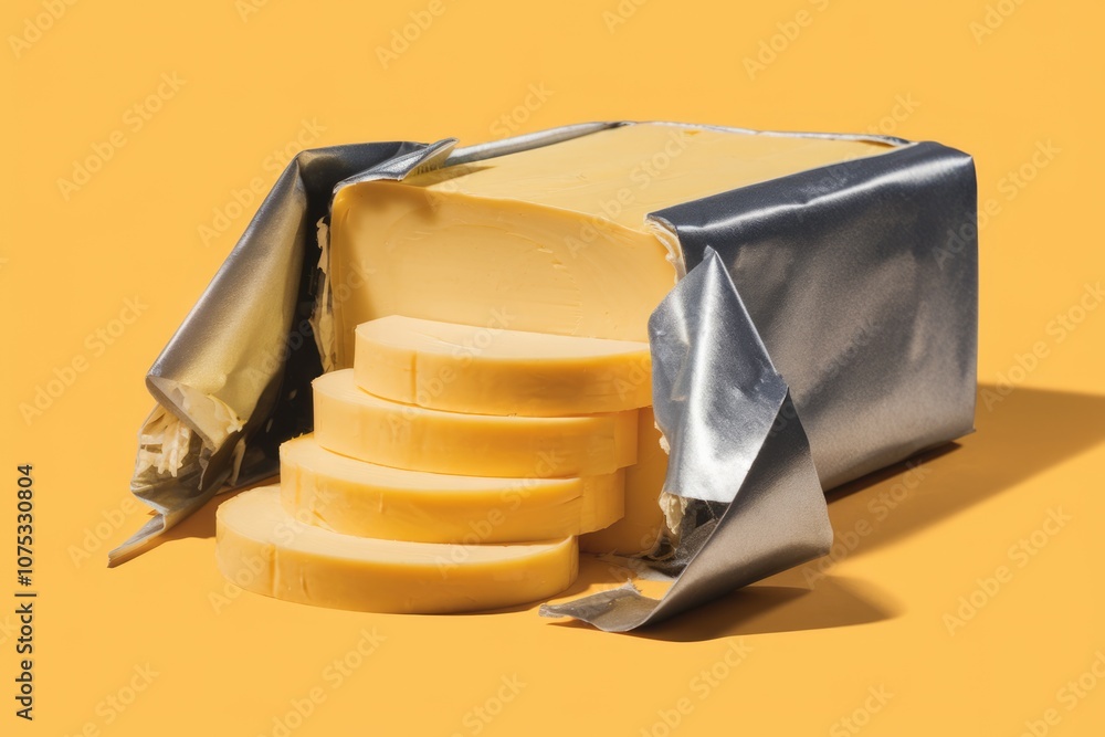 Poster a block of butter partially unwrapped with slices arranged neatly.