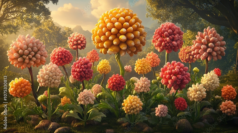 Poster a vibrant garden filled with an array of colorful flowers under a soft, warm light, creating a seren