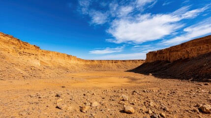 A vast, arid landscape features rocky cliffs under a bright blue sky, showcasing earthy tones and a stark, dry terrain.
