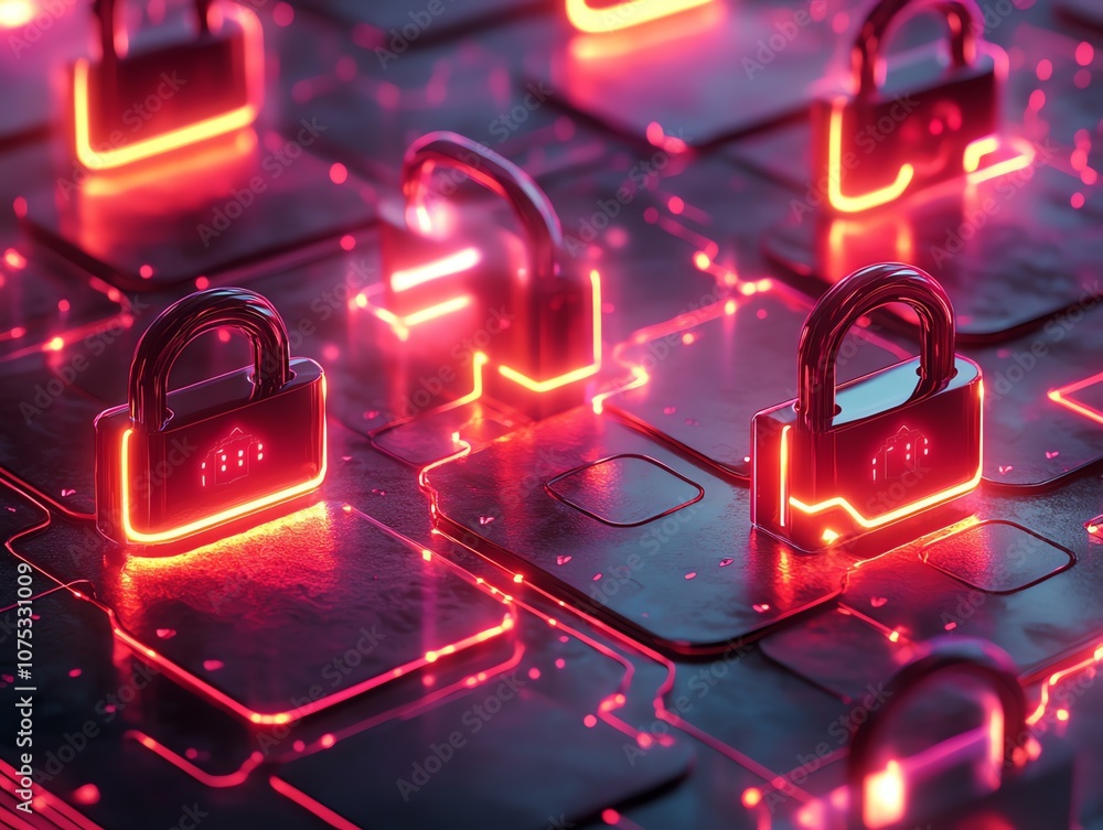 Aufkleber a close-up of a glowing red padlock symbol on a circuit board, representing cybersecurity.