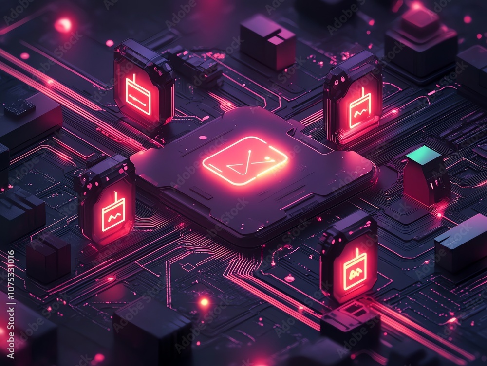Poster A futuristic, abstract 3D rendering of a computer circuit board with glowing icons depicting a network connection and data transfer, representing digital connectivity and technology.