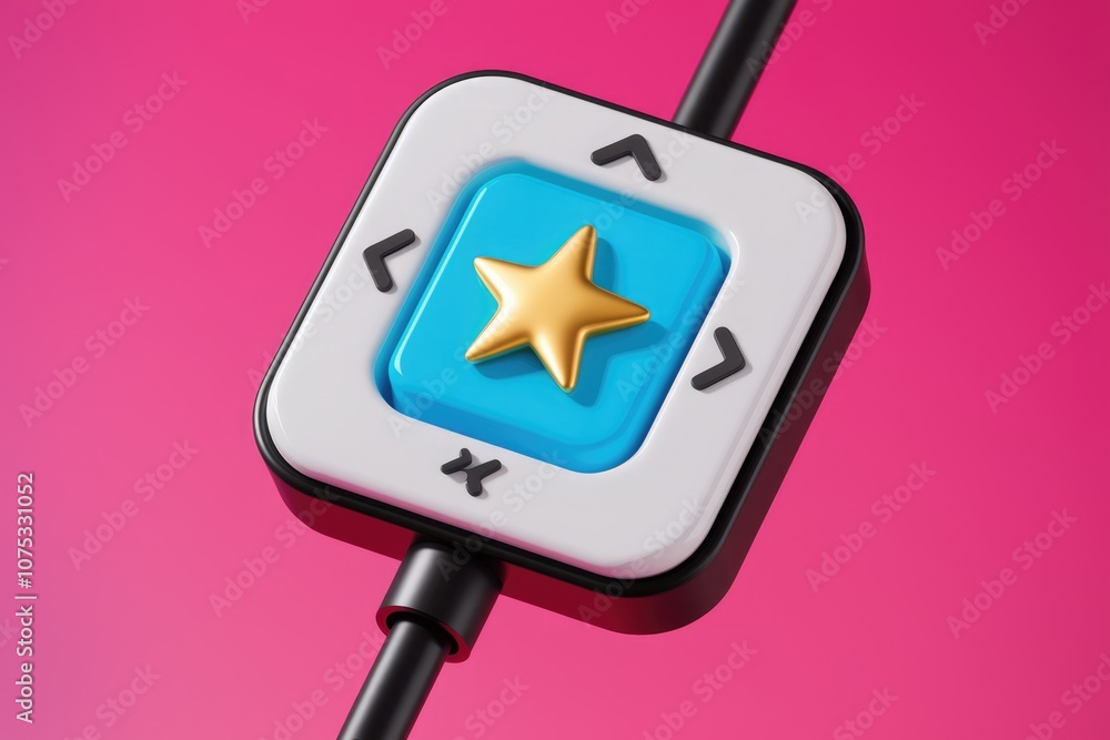 Poster A 3D rendered button with a golden star in the center  surrounded by directional arrows
