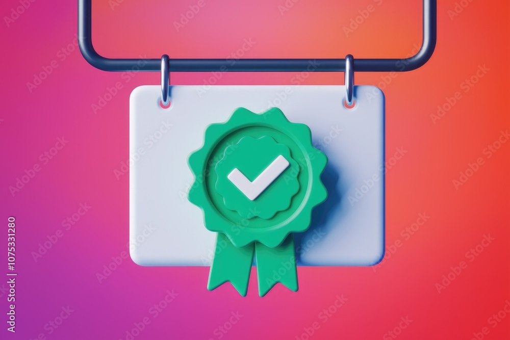 Poster 3D rendering of a green checkmark badge with a white ribbon.