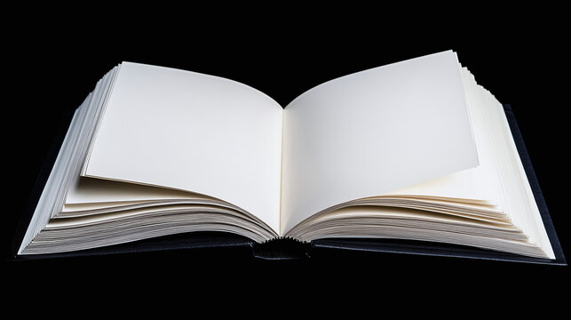 top view of old vintage open book empty papers sheets white blank pages hard cover classic look on textured dark black surface table background