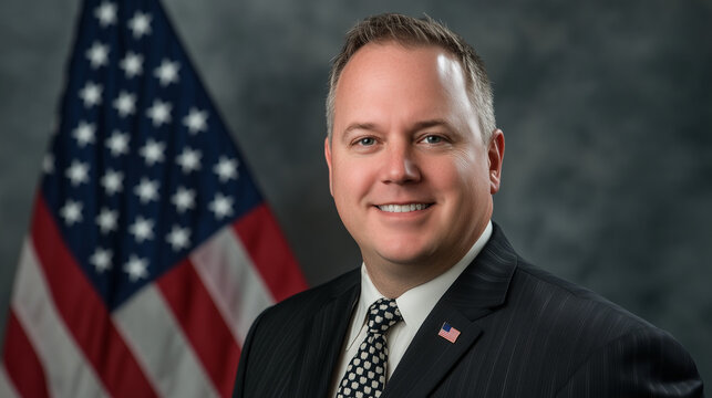 Professional portrait of a smiling man in a suit with an American flag background representing patriotism and leadership