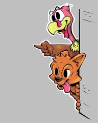 Dog and turkey hiding in the corner, cartoon simple fun cute illustration, Thanksgiving holliday, winter Hollidays, Christmas, digital illustration, high resolution, for sticker, packages design,