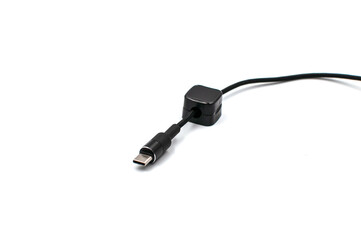 Cable management. Black cable clamp on a white background. 