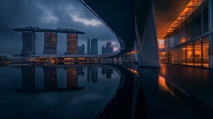 Obraz premium Marina Bay Sands at Blue Hour: Stunning Reflection of Singapore City. AI generated illustration