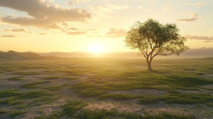 Stunning Contrast of Sunset over Green Field and Drought-Impacted Area, Emphasizing Water Conservation. Ultra-Detailed Environmental 3D Render Artwork.