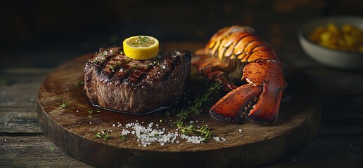 Exquisite Prime Cut Filet Mignon with Grilled Lobster Tail. AI generated illustration