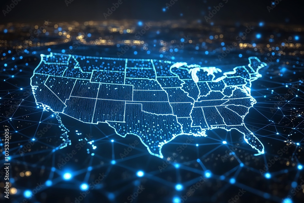 Poster a digital map of the united states with a network of glowing blue lines and dots, representing conne