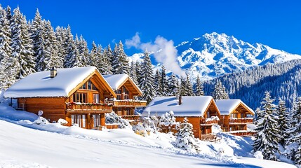 Naklejka premium Cozy Wooden Cabins Nestled in a Snowy Mountain Landscape