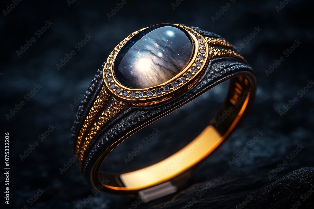 Poster mystical ring with a moonstone that shines with an ethereal glow, set against a dark enchanted fores