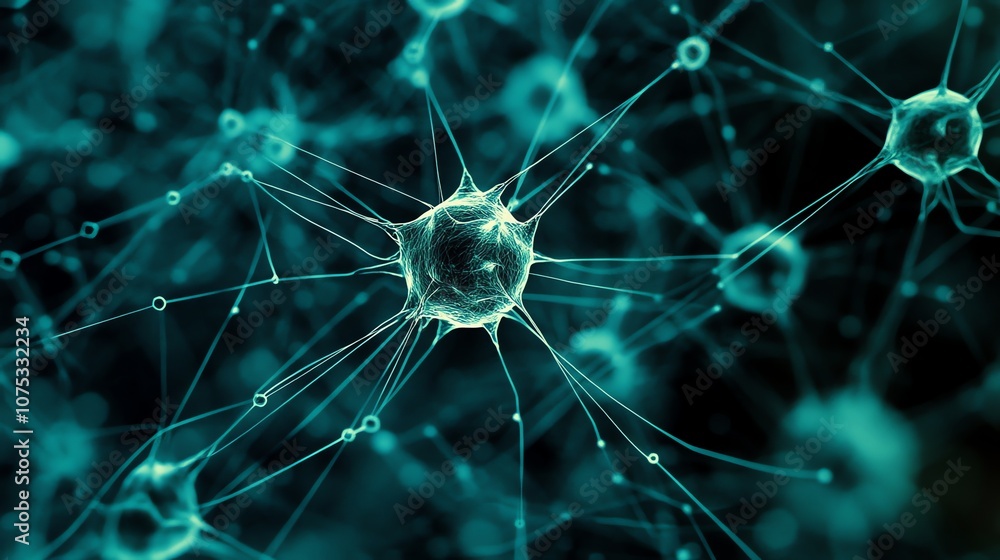 Poster A close-up image of a neuron with its dendrites and axons. The image is rendered in a teal and blue color scheme.