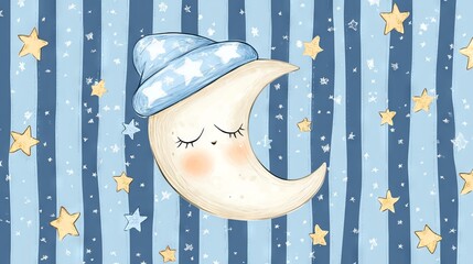 Cute Moon Cartoon with Night Cap and Stars. AI generated illustration