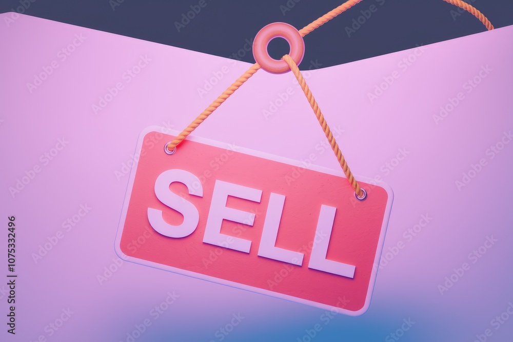 Poster pink sign with white text saying sell hanging from a string.