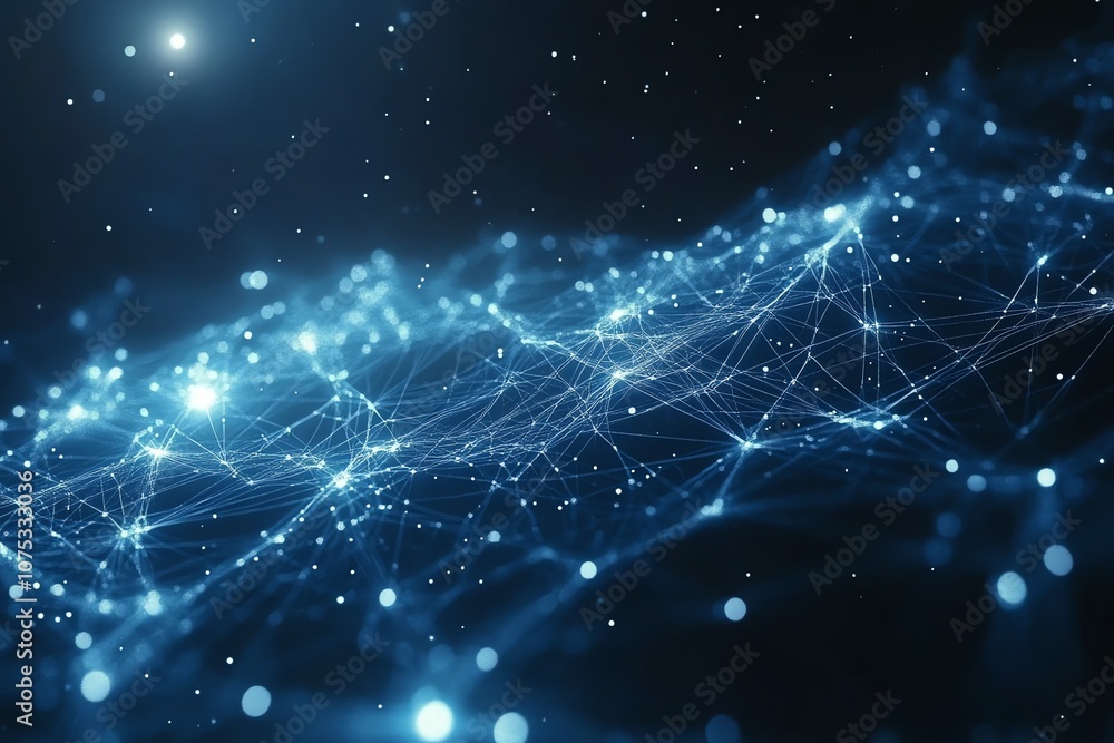 Poster Abstract digital network with glowing nodes and lines on a dark background. (1)