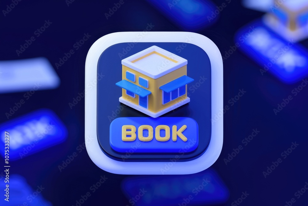 Aufkleber 3d icon of a building with a blue button labeled book