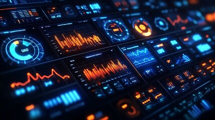 Obraz premium A futuristic dashboard with glowing blue and orange digital displays.