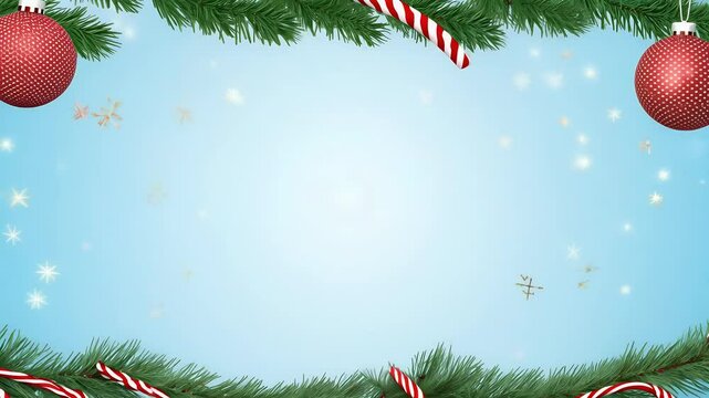 festive cheerful Christmas background video featuring red white ornaments candy canes pine branches stars soft light blue backdrop offering ample space adding personalized holiday messages