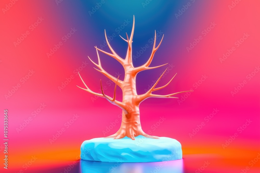 Poster minimalist 3d tree on blue platform with vibrant background.