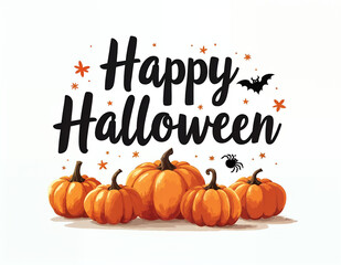 Happy halloween banner, lettering calligraphy invitation background with pumpkins bat and spider web