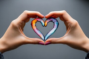 Fototapeta premium Watercolor painting of two hands forming a heart, with soft, blended colors creating a happy, warm feeling