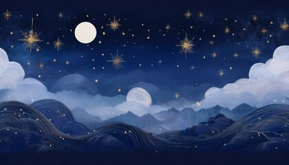 Artwork of the moon and starlight floating in the night sky