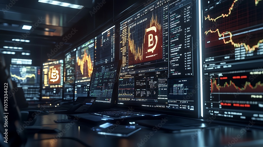 Aufkleber a futuristic trading room with multiple monitors displaying charts and graphs, indicating financial 